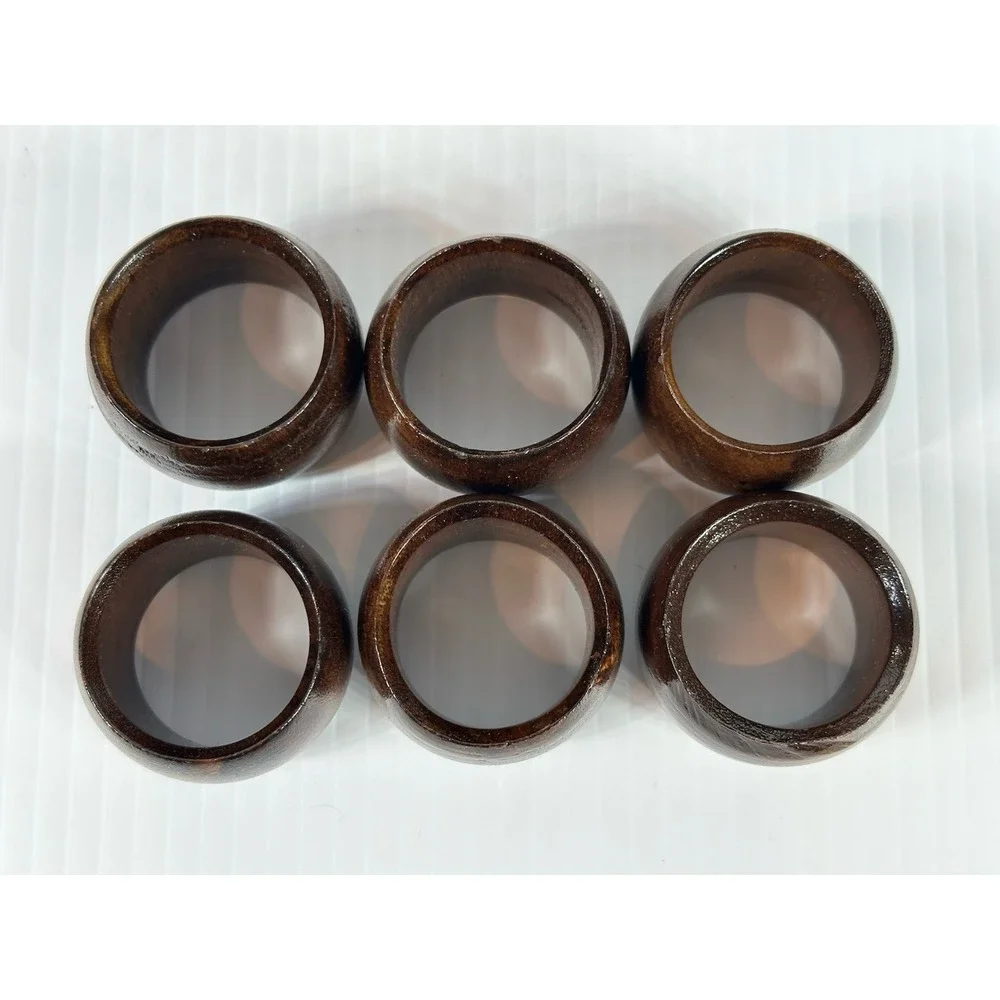 6 Vintage Wood‎ Boho Cottage Core Napkin Rings Holder Round Old Village Trader